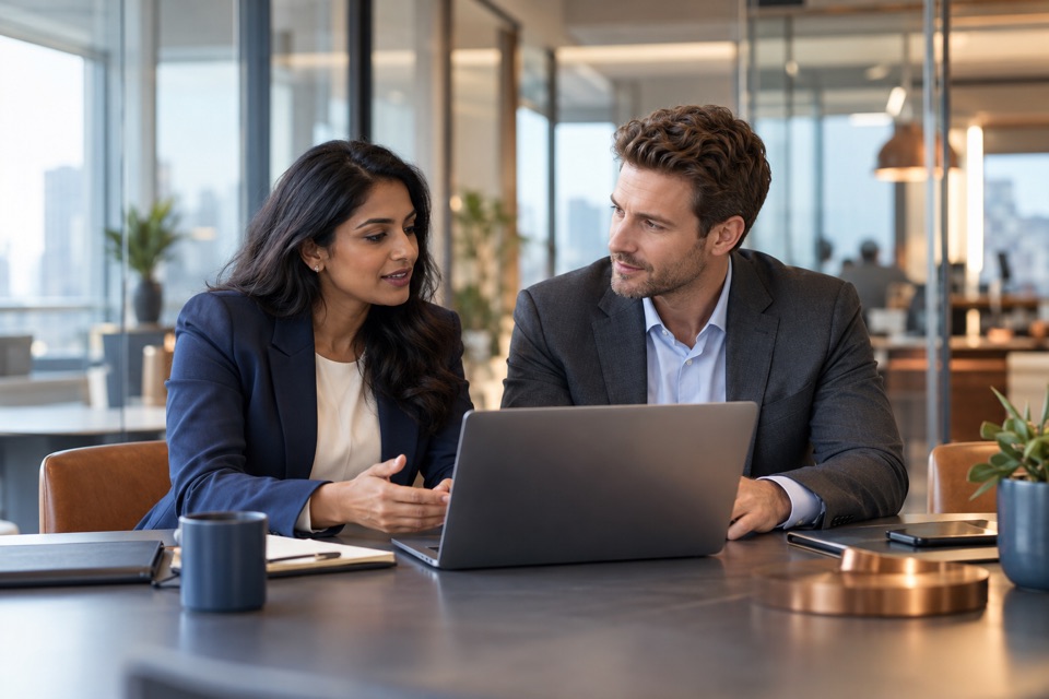 Two business professionals collaborating over a laptop in a contemporary office