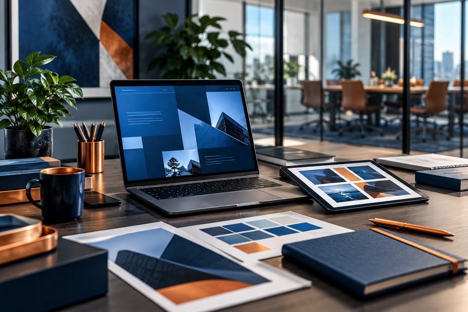 Laptop, tablet, and printed brand materials in a contemporary technology and design workspace